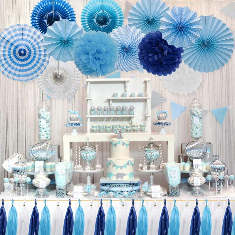 Meiduo Blue Party Decorations Hanging Paper Fans Pom Poms Flowers Tissue Tassel Garland for Elephant Shark Theme Kids Birthday Baby Shower Graduation - Image 5